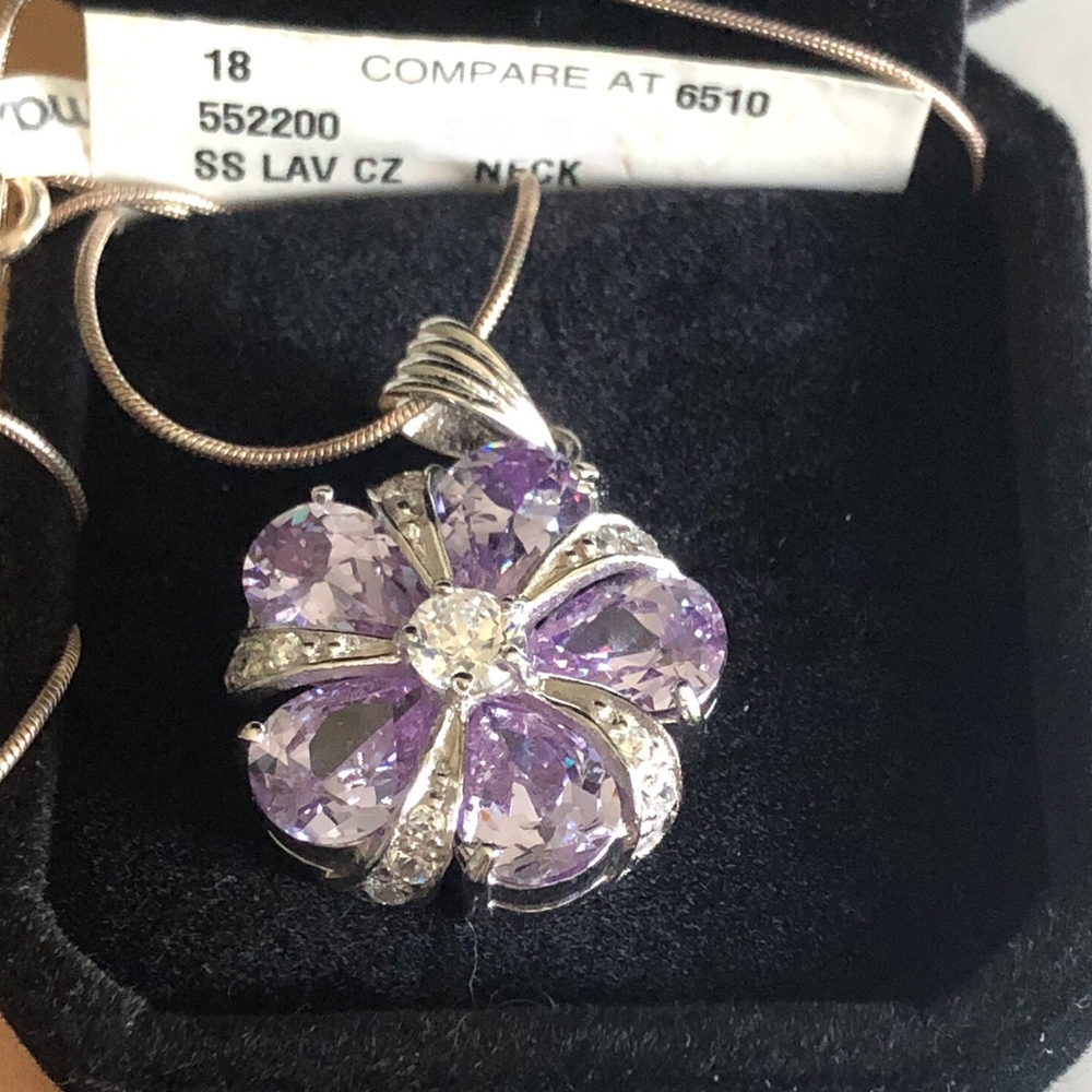 Elegant Purple Flower Pendant Necklace .925 sterling silver lavender CZ stones.